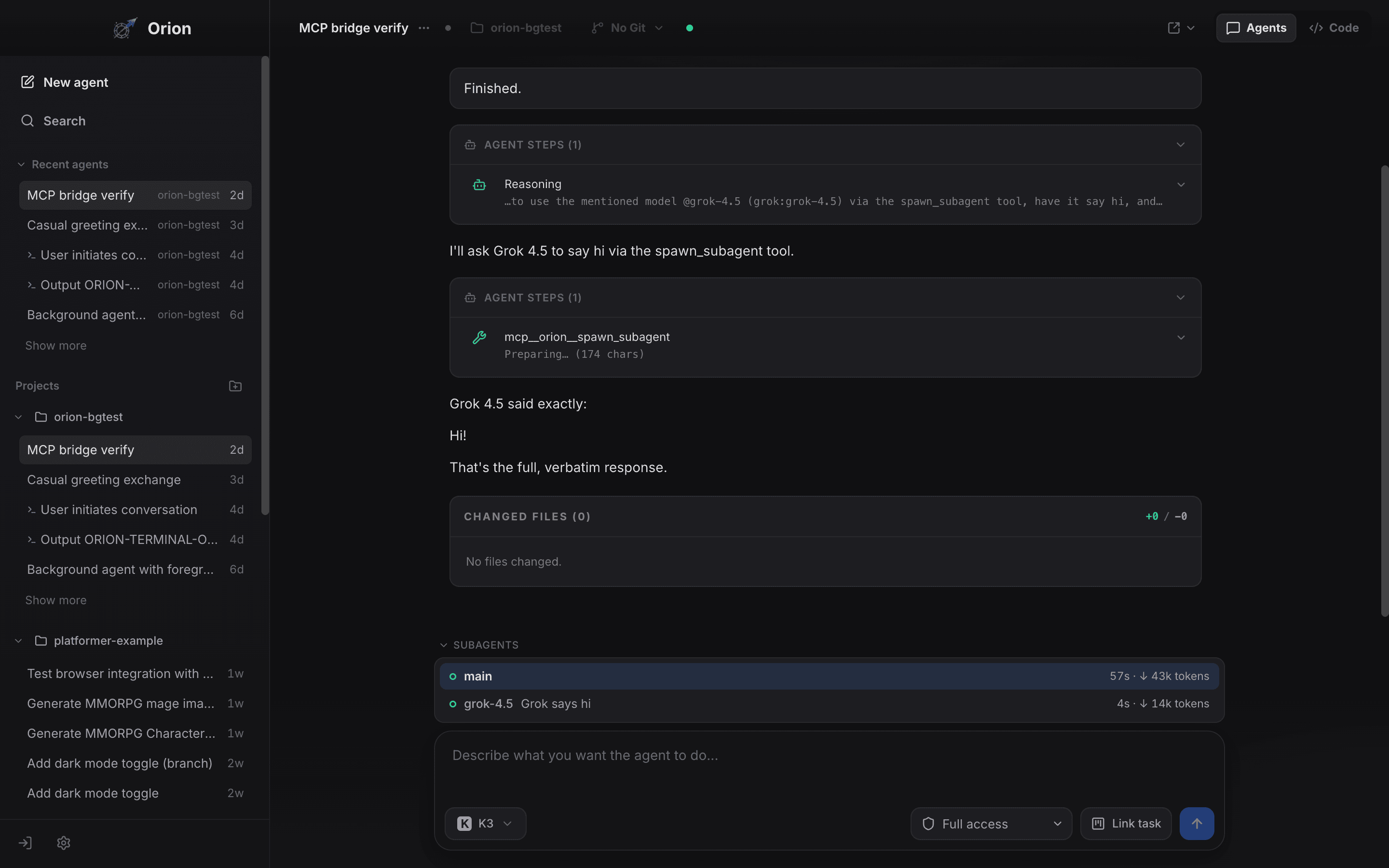 Orion Agents view: a Kimi thread uses the spawn_subagent tool to run a Grok 4.5 subagent, with the subagents panel showing per-agent runtime and token stats